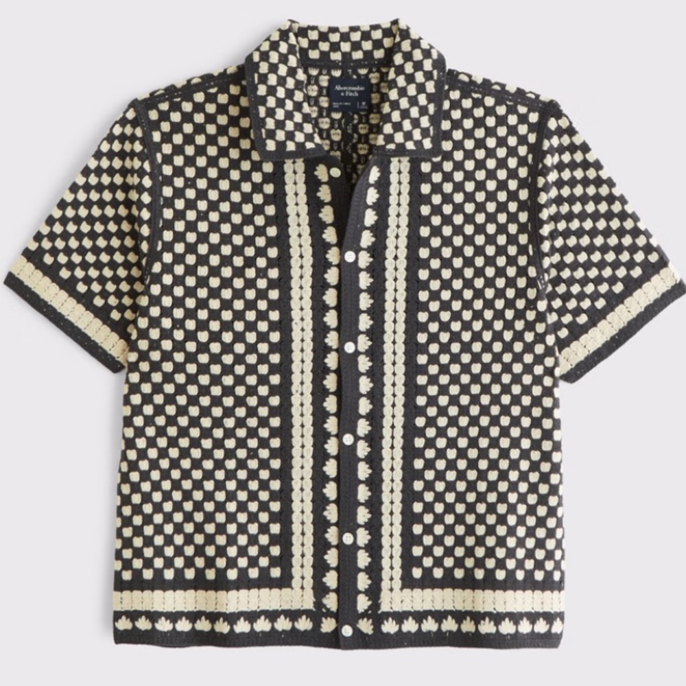 NWT Abercrombie Crochet-Style Border Stripe Button-Through Sweater Polo